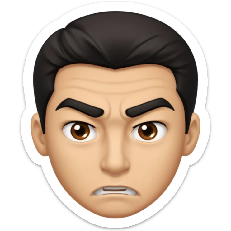 emoji de un joven, con cejas gruesas que parece enojado, nariz medio grande, hombros anchos, sin sonrisa, hombros anchos, cabello medio ondulado con un corte juvenil, cabello negro. ojos negros. sticker