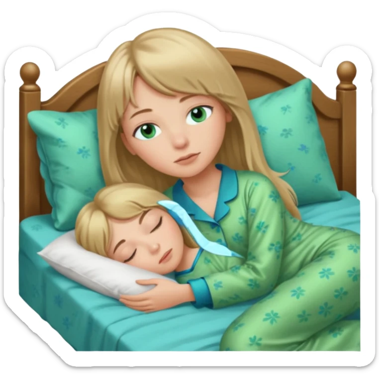 Woman with blue eyes and long dark blond hair and a bang, sleeping in bed  with green pyjama sticker