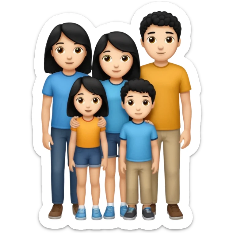 Hispanic family of five standing close together, mom with long straight hair, dad with short curly hair, two boys with matching short hair, one girl with long straight hair, no raised hands, transparent background sticker