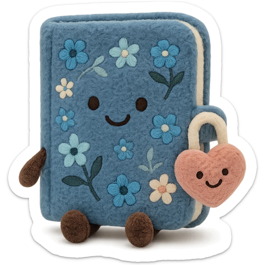 Blue Floral journal with a heart-shaped lock as a kawaii plushie, jellycat style  sticker