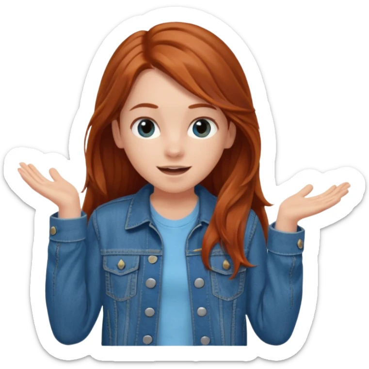 shrugging happy emoji tween long auburn hair light blue shirt with a darker blue L sticker