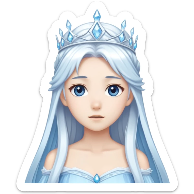 Beautiful anime ice queen with white long pretty hair with light-blue streaks, wearing an icy thin long dress and a silver tiara sticker