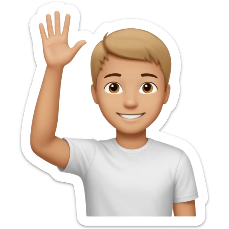 joven trigueño corte de pelo corto polera blanca sonrisa bonita saludando mano arriba sticker