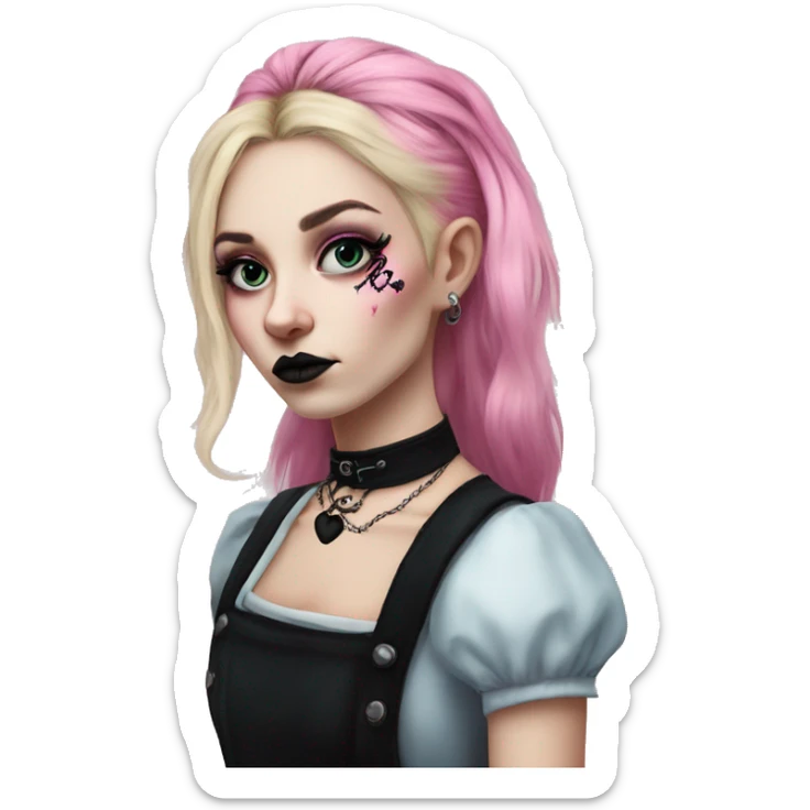 Realism punk goth Alice in Wonderland with neck tattoos, long blonde and pink hair, and dark eye makeup sticker