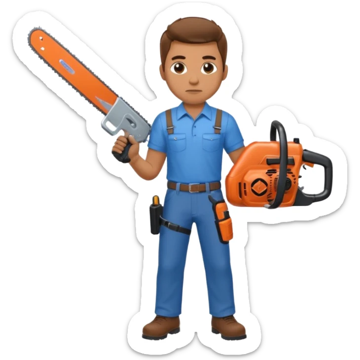 A man with a blue shirt and brown pants holds a chainsaw and a shotgun  sticker