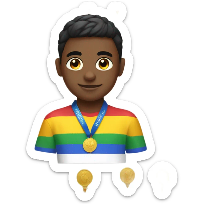 Boy with a lot of gold medals on his neck near the sailboat sticker