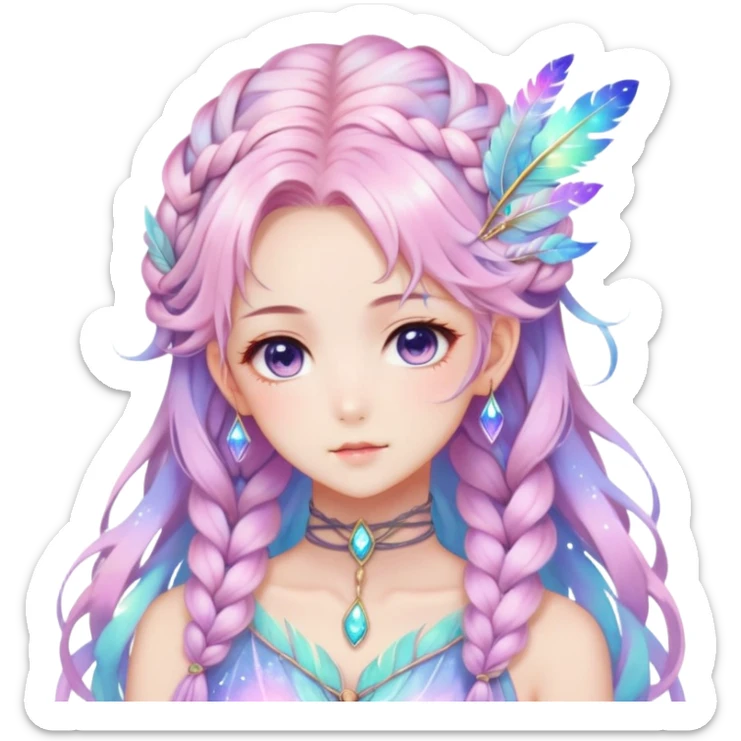 Beautiful gorgeous anime lady with beautiful iridescent-nebula-braided-hair, fashion aesthetic, ethereal, fairycore, pastelcore, feathers sticker