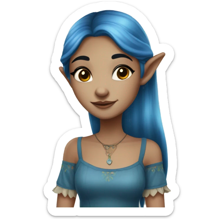 A beautiful blue skinned elf girl who has dark blue hair that shines. She has freckles on her nose and wears a cottage dress. sticker