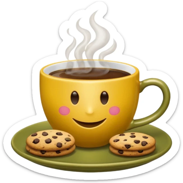A cup of coffee, steaming, the smoke is heart-shaped, the cup is mustard yellow, the cup has a happy face printed on it, the cup sits on an olive green saucer, and there are cookies around the cup. sticker