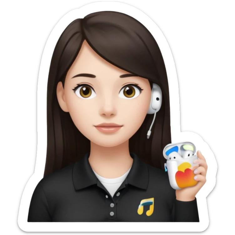 Girl with long dark brown hair with airpods wearing a black wegmans grocery store polo sticker