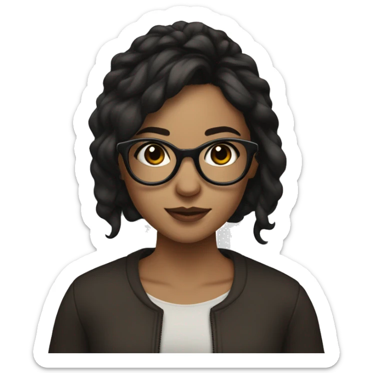 Girl with big black glasses, dark brown long slightly wavy hair, big brown doe eyes and long lashes sticker