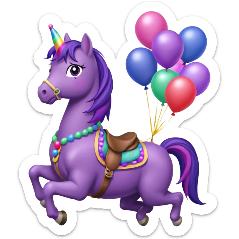 twillight sparkle mlp holding colorful balloons tied to its saddle, looking cheerful. sticker