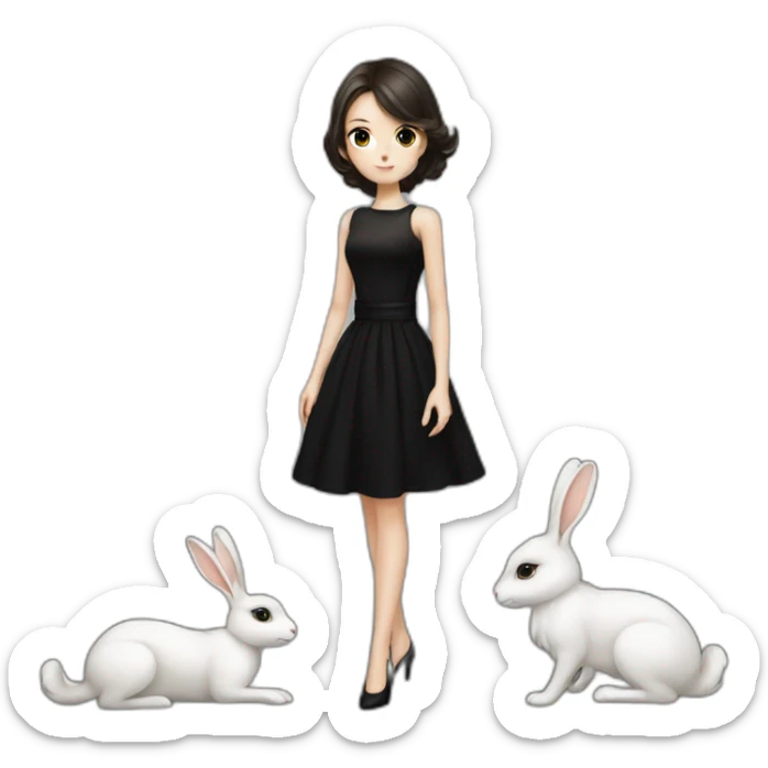 elegant girl in black dress white skin black hare sticker