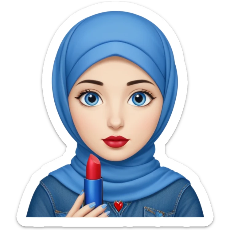 Turkish beautiful finish Konya girl blue eyes with blue denim hijab islamic dress and had on her hand ysl lipstick  sticker