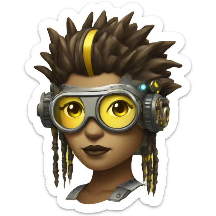 Brown with yellow streaks Mohawk hair female cyborg head, fair skin, steampunk goggles and circuits sticker