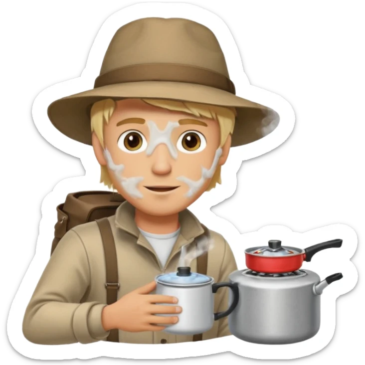 A blonde man camper boiling water on a portable stove, enjoying the outdoor sticker