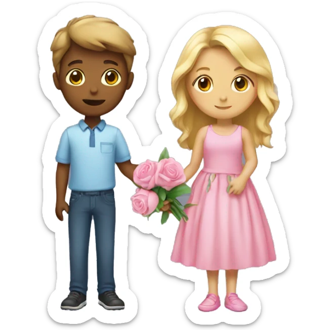 Girl wearing pink dress with a boy Holding flower  sticker