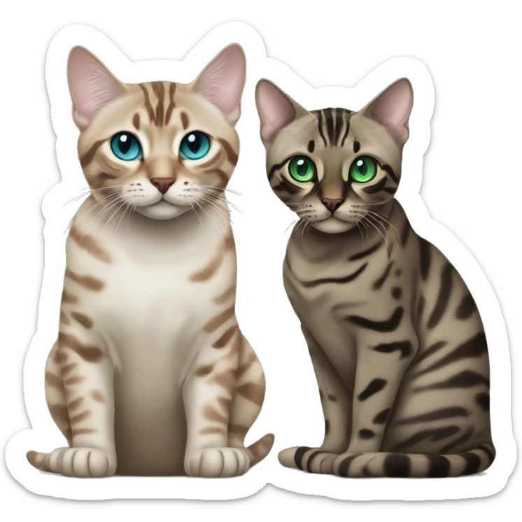 Seal Bengal cat with Blue eyes + charcoal Sepia bengal cat with Green eyes sitting  sticker