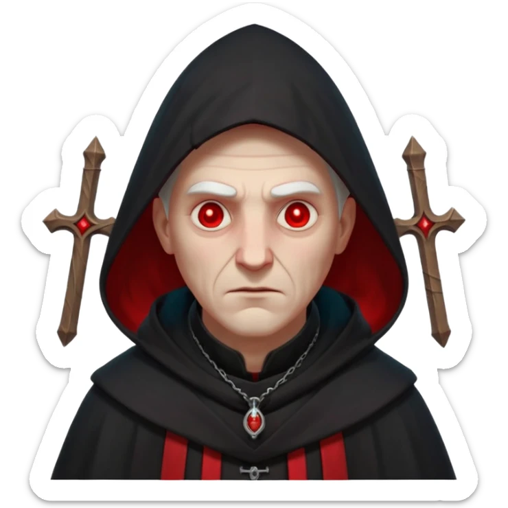 cursed village priest portrait, head and shoulders only, dark hooded robe, mysterious expression, subtle red accents, eerie glow, gothic village atmosphere, 3D cartoon, mobile game icon style, clean background, no text, no watermark

 sticker