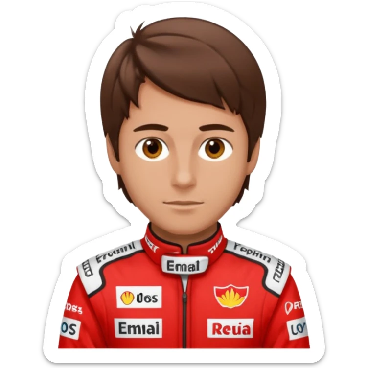 Man, brown eyes, brown silky hair, lightly tanned, wearing a formula one outfit sticker
