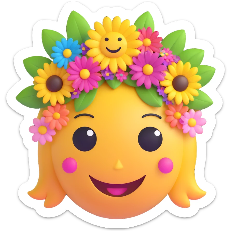 3D smiley emoji, large eyelashes, girly, colorful floral headpiece, happy sticker