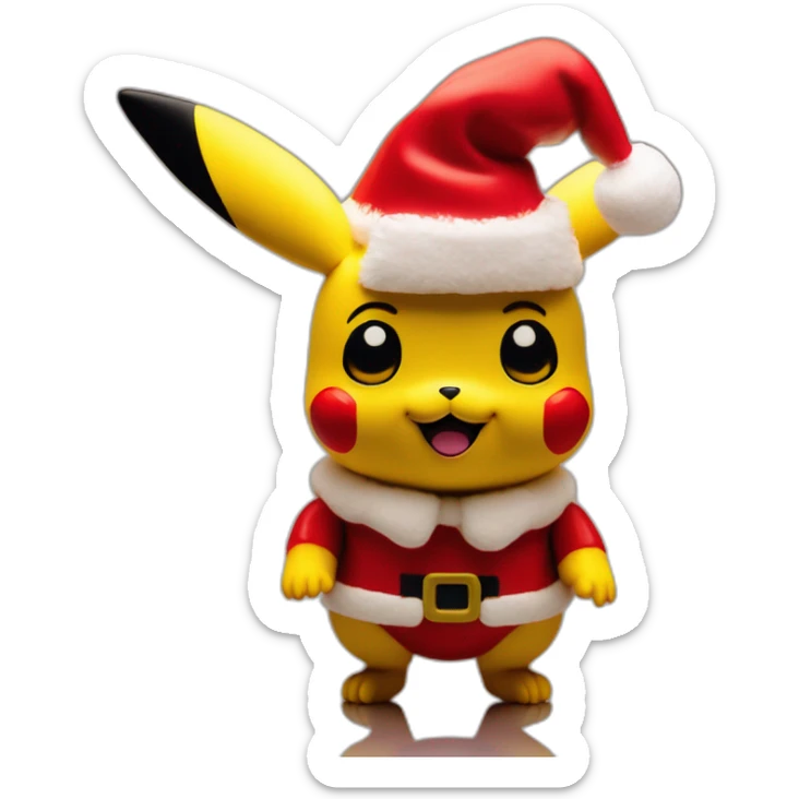 A cinematic 1960s film still of a BBC Christmas toy stop motion film starring Pikachu dressed as santa, shallow depth of field, 35mm, f 2.8, wide angle sticker