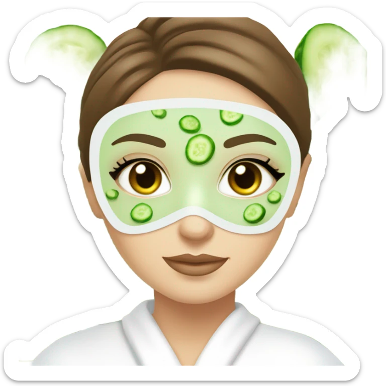 White girl with Brown hair and blue eyes wears a Green colored skincare clay textured mask and puts on cucumbers around her eyes while She relaxes in her white Robe sticker