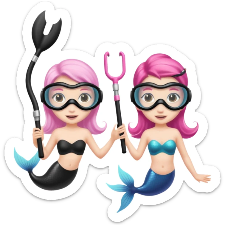 2 Mermaids one wearing a light pink snorkel mask and the other wearing black snorkel mask sticker