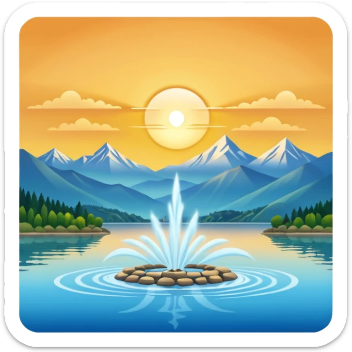 Please generate an image of a sunrise illuminating a lake with a huge water jet like that in the Geneva lake and some mountains in the background. sticker