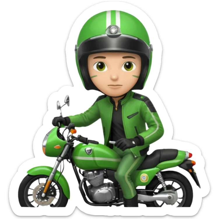 ojek online driver, using motorbike, the helmet is green. green jacket, not green motorbike (maybe a black jacket with green stripes just a little) then please make the driver not looking at "camera",  sticker