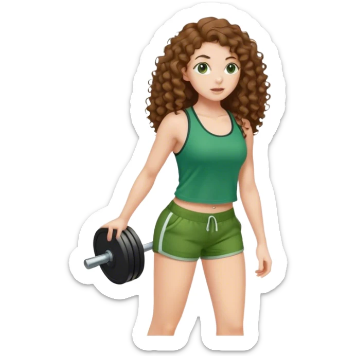 white girl with long brown curly hair in green top and shorts holding weight on her back sticker