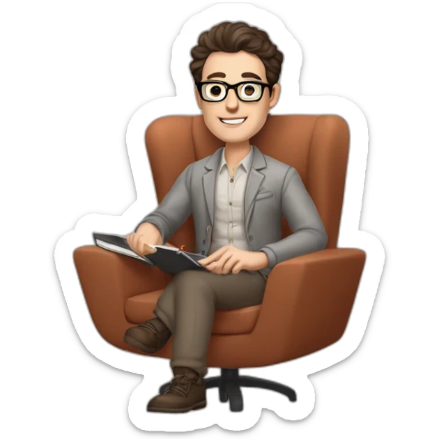 Pale skinned Fit Man With dark brown hair in gray jacket, beige office shirt, Terracotta pants and vintage glasses sitting In a soft chair with a notebook with emblem Ψ and a pen in his hands sticker