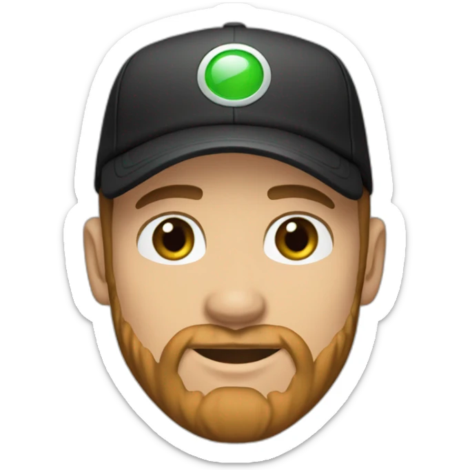 30 year old man, Caucasian light skin, green brown eyes, brown beard and a black cap sticker