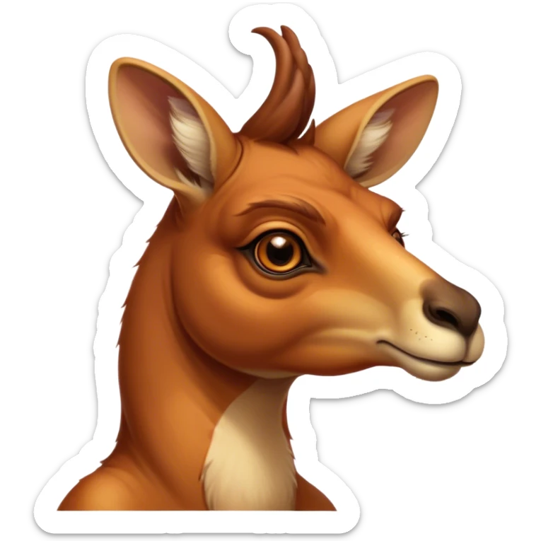 Cinematic Noble Adult Red Kangaroo Portrait Emoji, Poised and regal, with a robust, muscular build, tawny reddish fur, and a distinctive camel-shaped head featuring a slightly elongated snout, prominent ears, and keen, observant eyes, Simplified yet sharp and sophisticated features, highly detailed, glowing with a warm, sunlit glow, high shine, intelligent and commanding, stylized with an air of outback authority, focused and vigilant, soft glowing outline, capturing the essence of a watchful guardian that seems ready to bound out of the screen with effortless power! sticker