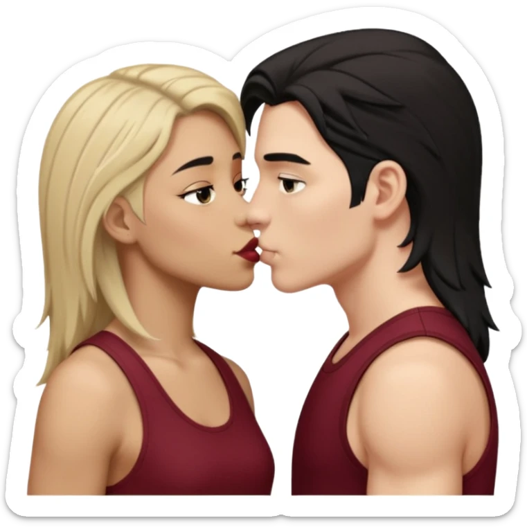 a white masculine woman with short mullet tomboy black hair wearing men's black tank top kissing a lightskin woman with long dark blonde hair wearing maroon tank top sticker
