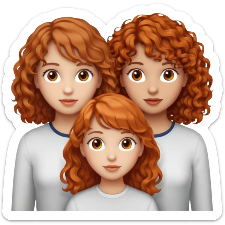 three girls side by side, left girl light skin curly brown hair brown eyes, center girl light skin wavy orange hair light brown eyes, right girl light skin light brown hair with bangs brown eyes sticker