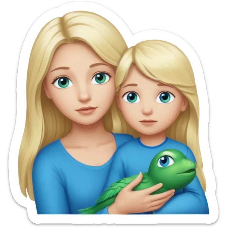 blonde baddie girl  with blue-green eyes, Long lashes, long hair, Hold her little Boy   ,with blue eyes sticker