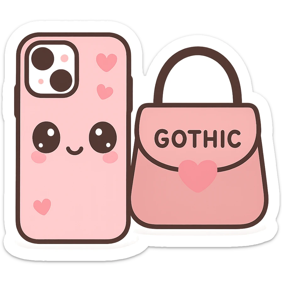 pink and black gothic phone case, kawaii style, big eyes, heart accents, smiling, playful, matches gothic purse sticker