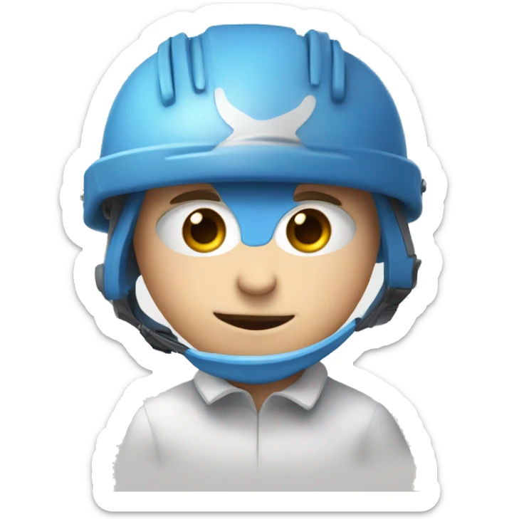 cross-eyed white child with a blue helmet and a pencil in his nose and some buck teeth sticker