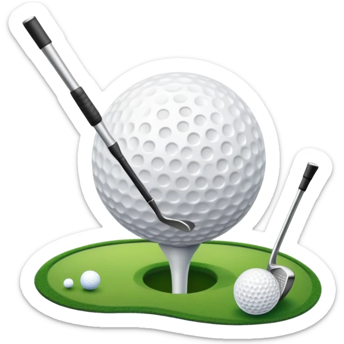 A golf ball on a tee, with a golf club placed beside it on the lush green fairway. The background shows a serene golf course with neatly trimmed grass and a clear blue sky, emphasizing the elegance and precision of the game. sticker