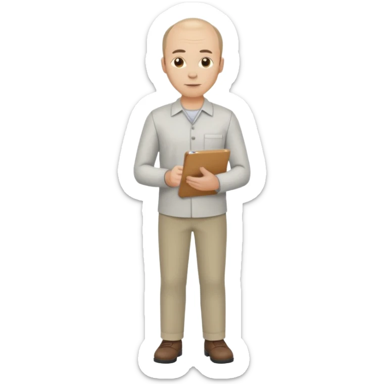 man, mid 30's shirt and trousers balding hairline, full body, standing, holding a clipboard sticker