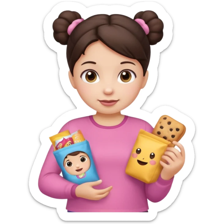 Cute small Toddler emoji with two buns dark brown hair, fair skin, in pink top, holding toddler snacks sticker