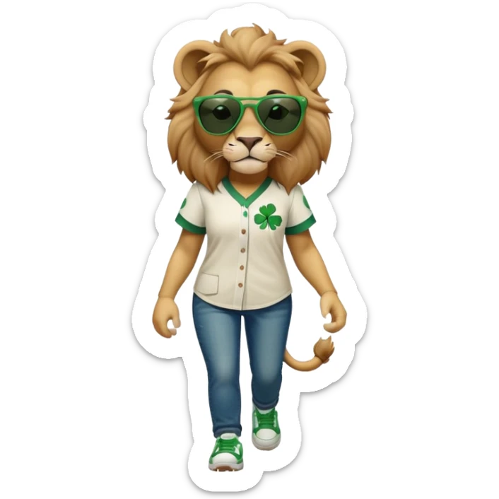 confident anthropomorphised female lion wearing baseball shirt and jeans with shamrock and green accents, dark sunglasses, walking upright, looking self-assured sticker
