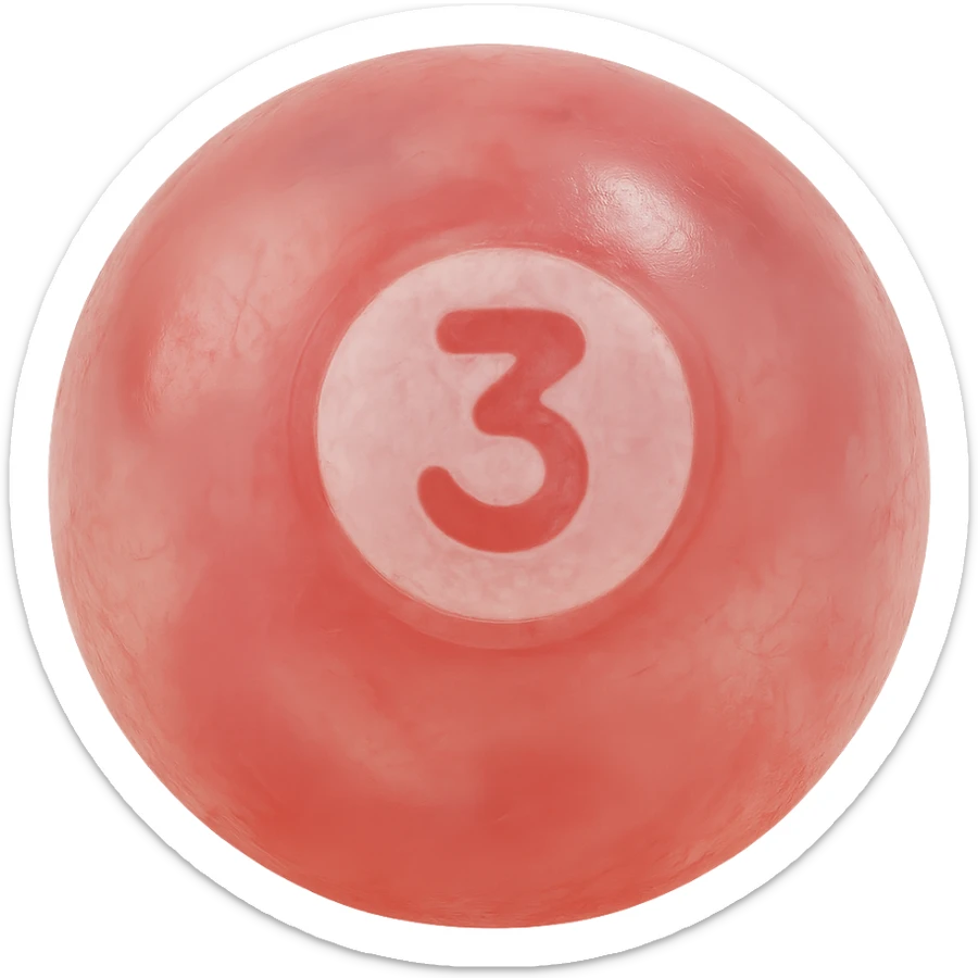pool billiards 3-ball, retro 90's toy style, very transparent, slightly see-through, red with white circle and number 3, soft plastic texture, soft reflections, soft and squishy, some cloudiness, not shiny, highly detailed, appealing, no tag, no background sticker