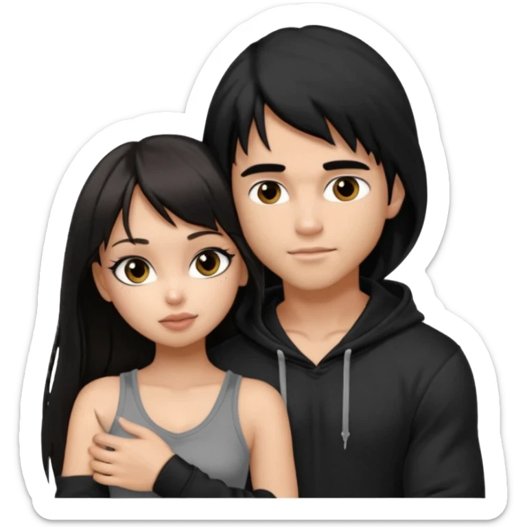 generate a pretty bratz girl in black cami top, dark brown straight long hair with bangs, eyeliner on, 

hugging a handsome muscular boy with black hair and a grey hoodie sticker