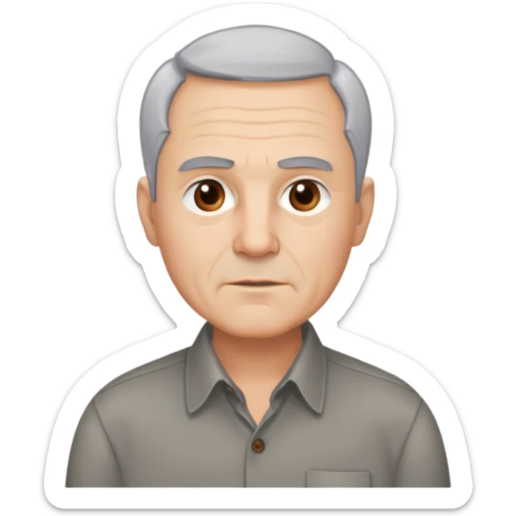 Close-up portrait of René Monclova. Light-skinned older man with round face and broad jaw. Short silver-gray hair with visible receding hairline. Warm brown eyes, thick eyebrows. Neutral expression. Wearing a dark button-up shirt. sticker