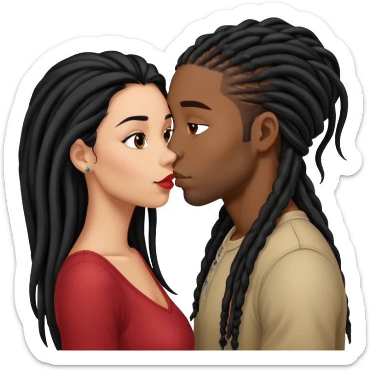 Latina Woman with long hair kissing a young black guy with dreads no beard sticker
