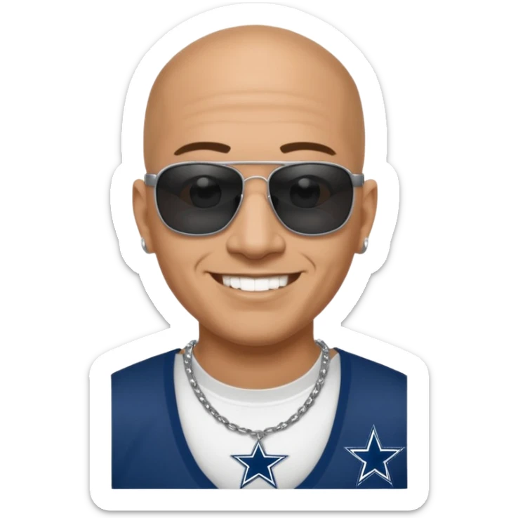 bald mexican cholo with square black sunglasses no facial hair no earrings with face dimples wearing a silver necklace with H on it and wearing cowboys jersey sticker
