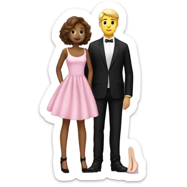 A girl in a beautiful pink dress, with brown hair at the waist, on white heels, short and a guy in a black suit, with blond hair, short hair, in black boots, tall, looking at the starry sky sticker
