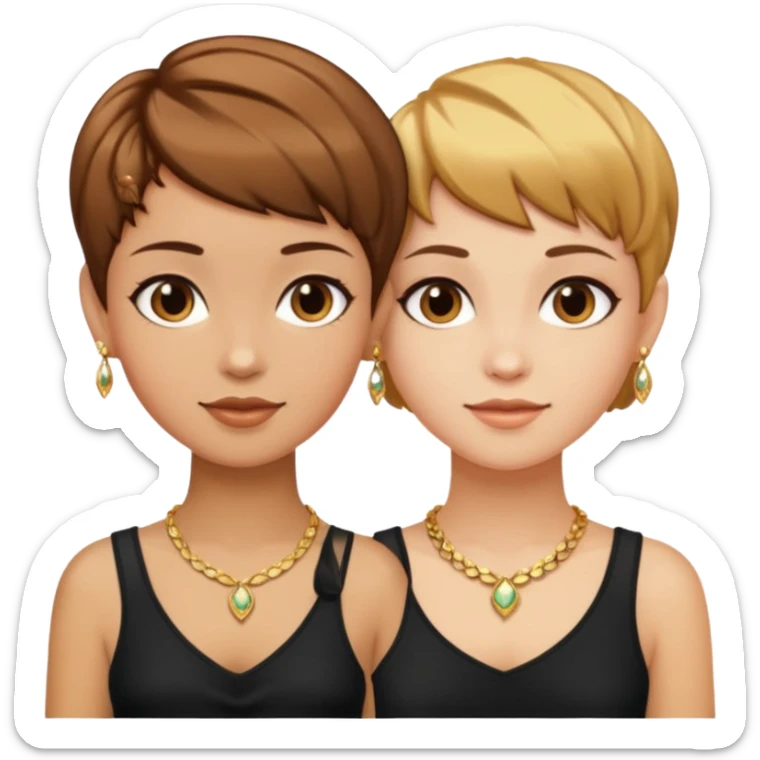 Fair skin and caramel colored besties with brown hair pixie cuts wearing jewelry   sticker